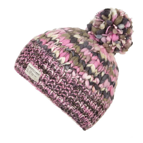 KuSan Uneven Yarn Pink Bobble Hat in greys and pinks topped with a pompom on a white background