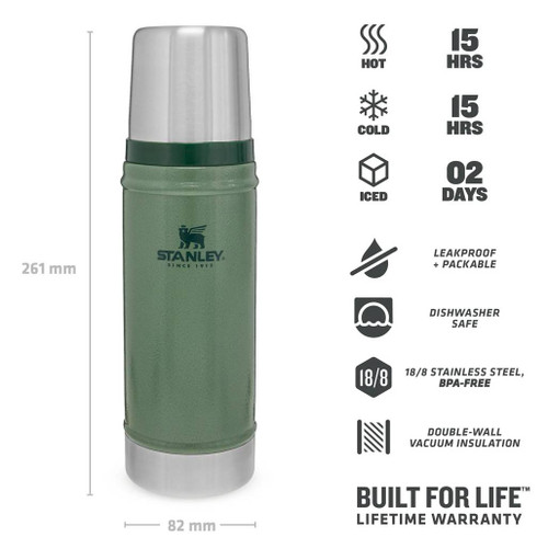 Stanley Classic Legendary Bottle 470ml in green facing front with a list of features and measurements