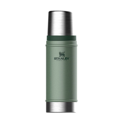 Stanley Classic Legendary Bottle 470ml in green facing front with its logo and fully assembled with cup in place