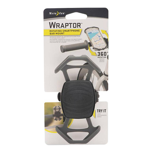 Dark and light grey smart phone harness Wraptor Rotating Smartphone Bar Mount by Nite Ize in its retail packaging