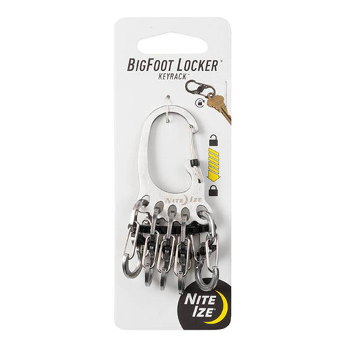 Metal key rack BigFoot Locker by Nite Ize on its retail card with 5 MicroLock S-Biners attached to the main clasp