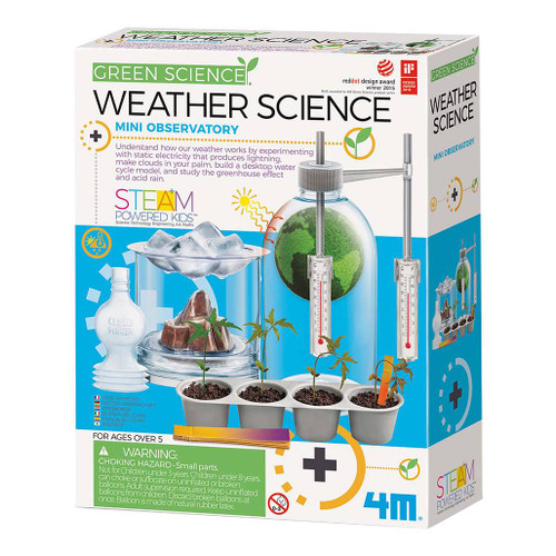 Green science weather science kit box fron with blue band and image of some of the experiments
