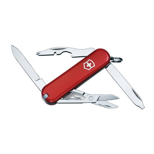 Victorinox Rambler Small Multi Purpose Pocket Knife with tools displayed in an open position and red body with the logo