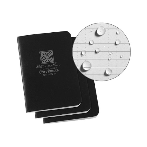 Rite in the Rain Universal Stapled Notebook 3 Pack in Black with a lined paper circle covered in rain drops