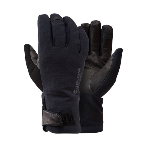 Women's Duality Gloves by Montane in black standing upright with hands in them to show the shape and fit of the glove