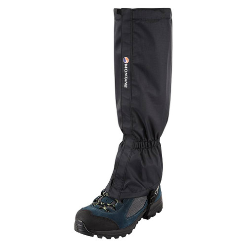Outflow Gaiter by Montane in black with the logo, buckled under walking shoes and hooked to boot laces