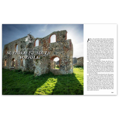 Double page spread of chapter 11 Suffolk and South Norfolk with a large image of a ruin and text in Wild Ruins