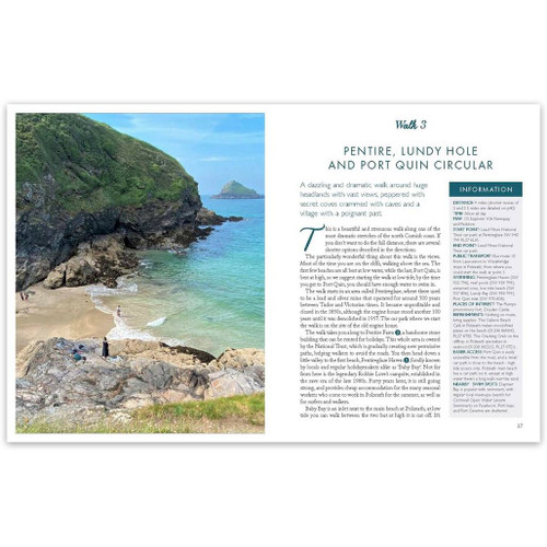 Double page spread of Walk 3 Pentire, Lundy Hole and Port Quin including a large full page image and text in Wild Swimming Walks Around Cornwall