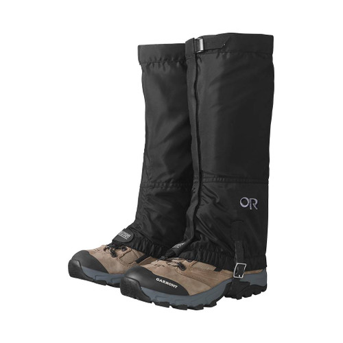 Outdoor Research Men's Rocky Mountain High Gaiters in black with OR logo with elasticated bottom, buckled under walking shoes and hooked to boot laces