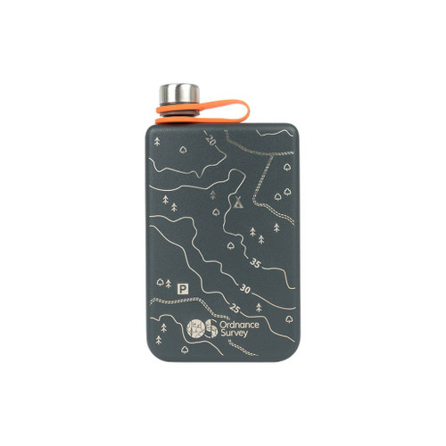 OS Contour Map Hip Flask by Ordnance Survey Outdoor Kit side view showing the grey body with white contour details and logo