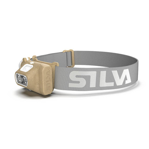 Silva Terra Scout XT Headlamp side view showing light brown lamp and light grey headband with SILVA printed in white capital lettering on the band