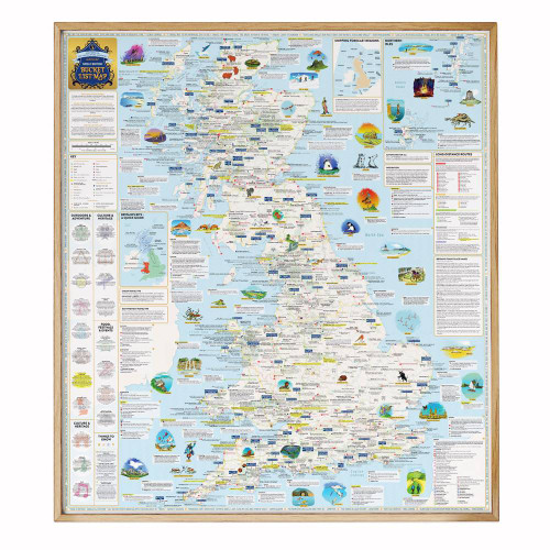 Full view of map of Great Britain on the Marvellous Maps Solid Gold Great British Bucket List Map in a wooden frame