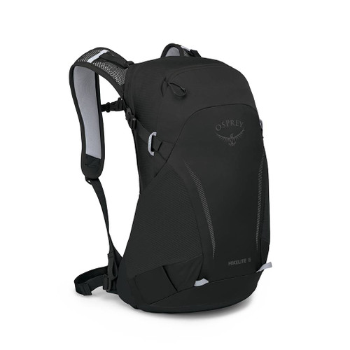 Osprey Hikelite 18 Backpack packed facing to the right showing straps and lateral pocket