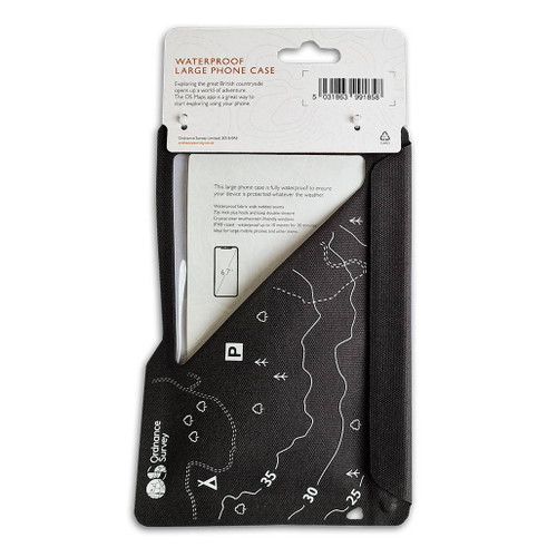 Black OS Waterproof Large Phone Case by Ordnance Survey Outdoor Kit displayed on its retail card back view