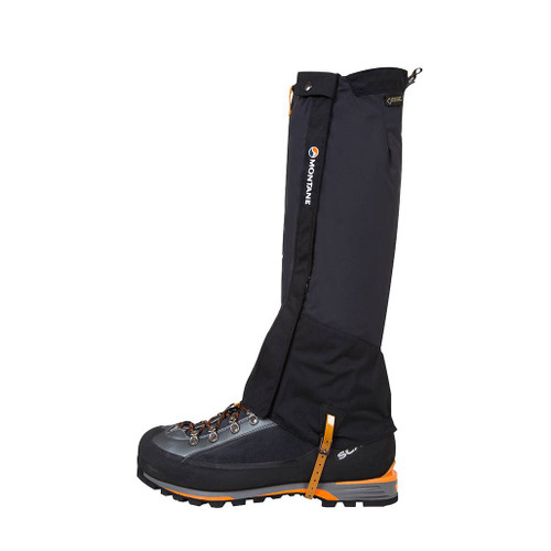 Endurance Pro Gaiter by Montane in black with the logo, buckled under walking shoes