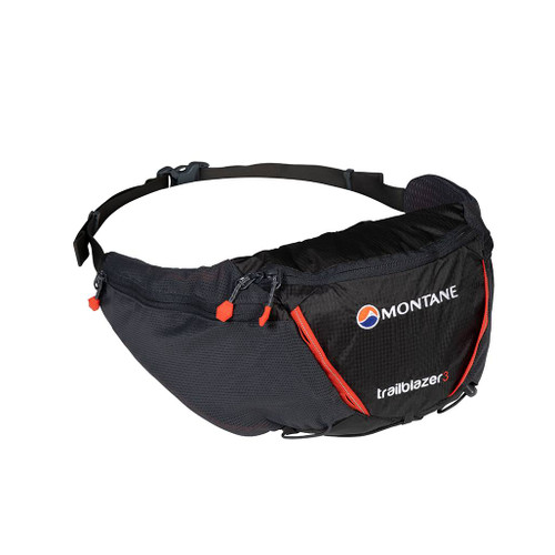 Montane Trailblazer 3 Waist Pack in Black angled front view showing the waist strap and front pocket with logo and zip pockets