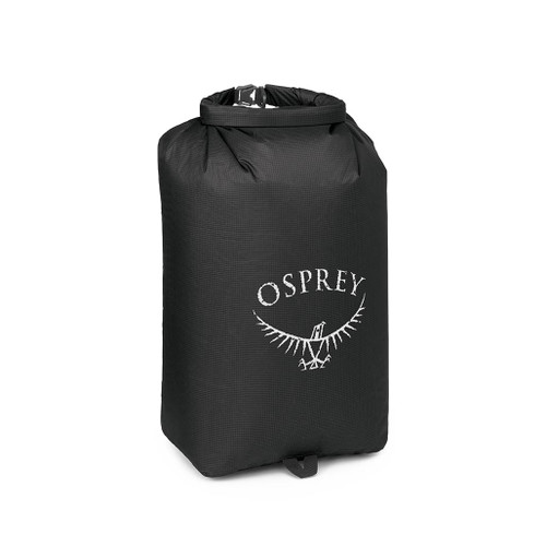 Osprey Ultralight Black DrySack 20 litres front view with the logo stuffed full and roll top closed