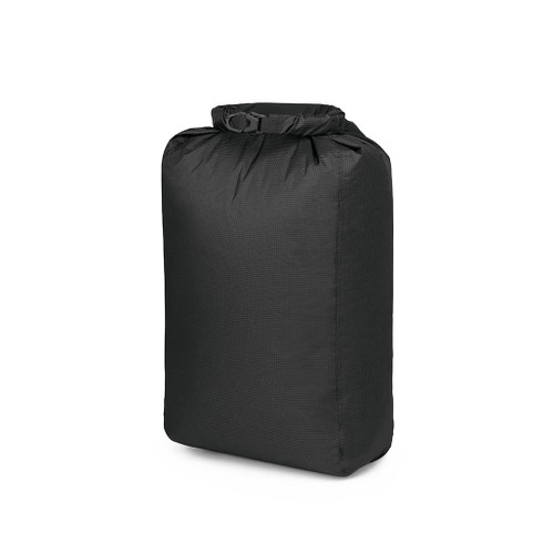 Osprey Ultralight Black DrySack 20 litres back view stuffed full and roll top closed