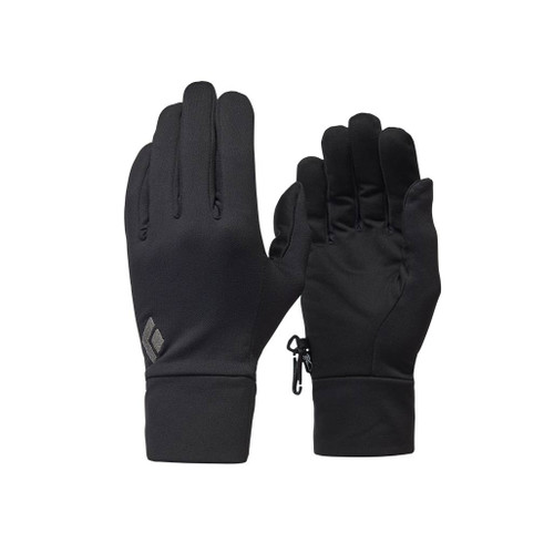 Black Diamond Lightweight Screentap Gloves in black standing upright with hands in them to show the shape and fit of the glove