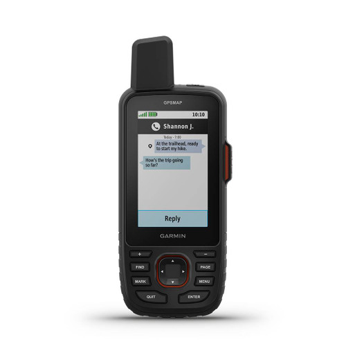 Garmin GPSMAP 67i handheld front view with chat view