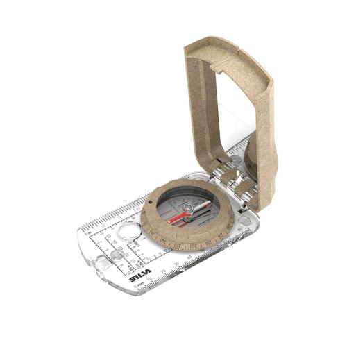 Silva Terra Expedition S mirror compass with its mirror folded out showing the sustainable REVO material on the lid and rings on a clear body