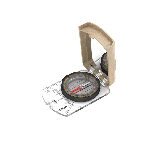 Silva Terra Ranger S Compass with mirror folded out showing the beige eco-friendly lid and graduation ring
