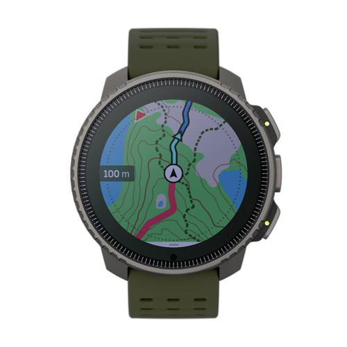 Suunto Vertical Titanium Solar Forest GPS Watch front straight on view showing colourful map face