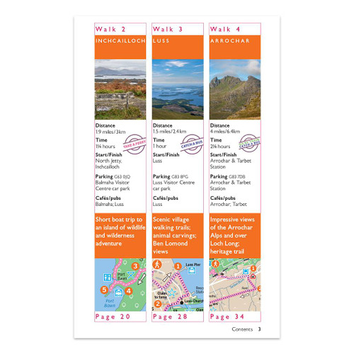 A page from Loch Lomond and the Trossachs - OS Short Walks Made Easy with a summary of 3 walks with route maps