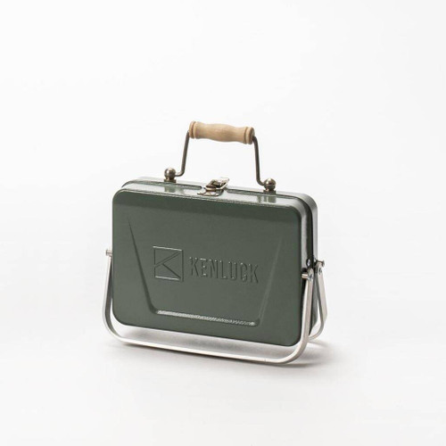 Kenluck Mini Grill in green with legs set up and handle, angled front view