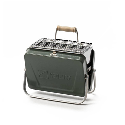 Kenluck Mini Grill in green fully set up and ready to use, angled front view