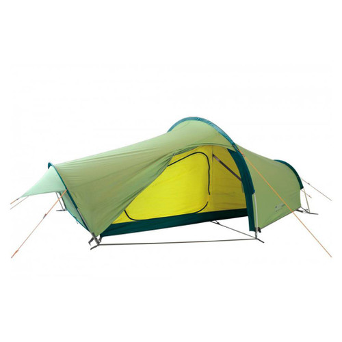 Vango Starav 200 Tunnel Tent in green front view of the 2 person tent set up and door unzipped open