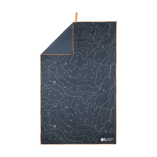 OS Contour Microfibre Large Towel by Ordnance Survey Outdoor Kit full view of the opened out towel with corner folded inwards