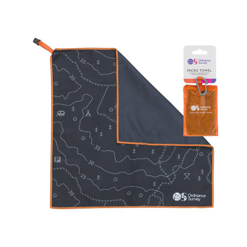 OS Contour Microfibre Small Towel by Ordnance Survey Outdoor Kit full view of the opened out towel with corner folded inwards with orange case