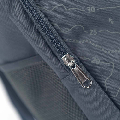 OS Picnic Backpack from Ordnance Survey close up showing zip and contour details