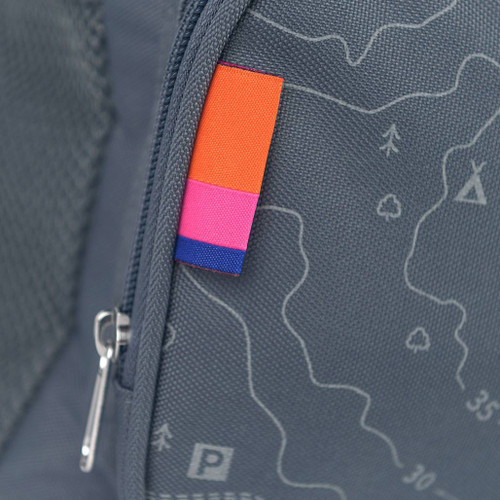 OS Small Picnic Bag from Ordnance Survey close up with zip, contours details with tag with OS colours