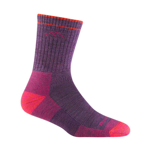 Darn Tough Women's Hiker Micro Crew Midweight Socks in plum heather purple with pink heel and toe displayed against a white background