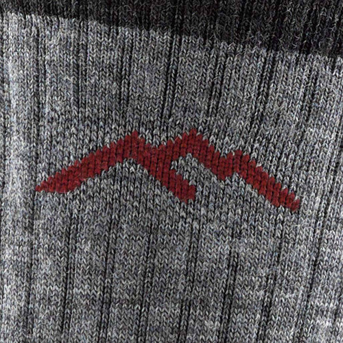 Close-up of the Darn Tough Men's Hiker Micro Crew Midweight Socks in Charcoal grey showing the logo in red on the grip