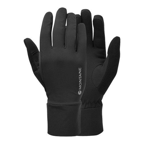 Women's Trail Lite Gloves by Montane in black standing upright with hands in them to show the shape and fit of the glove
