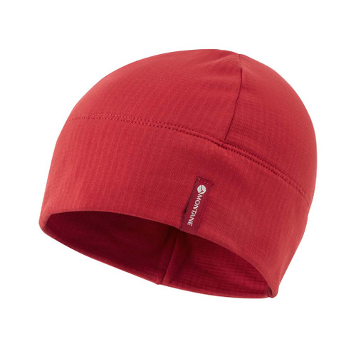 Red Protium Beanie Hat by Montane showing the logo label, the hat is displayed on a white background