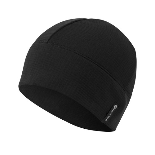 Black Protium Beanie Hat by Montane showing the logo label, the hat is displayed on a white background