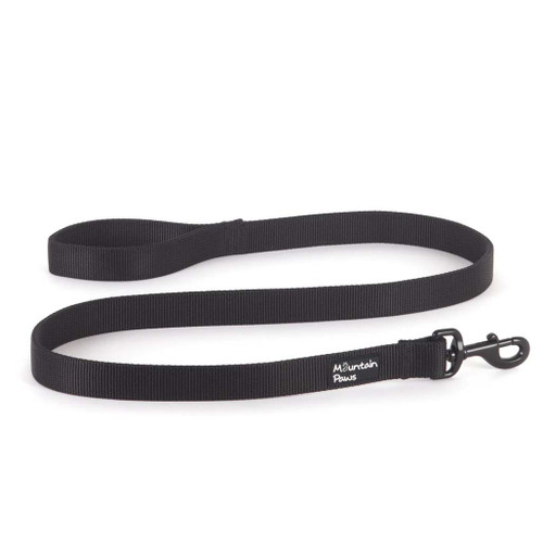 Mountain Paws Extra Tough Dog Lead in black laid out with logo and collar clip