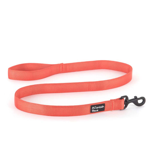 Mountain Paws Extra Tough Dog Lead in orange laid out with logo and collar clip