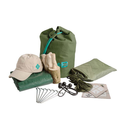 The Den Kit Company The Ultimate Shelter Kit front view of the duffle bag and contents on a white background