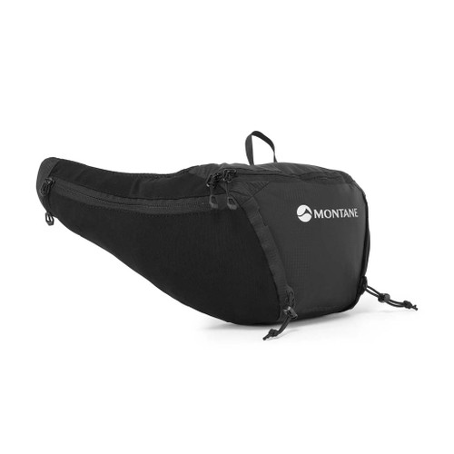 Montane Trailblazer 3 Waist Pack in Black angled front view showing the waist strap and front pocket with logo and zip pockets