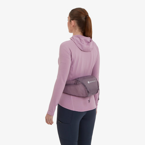 Person wearing Montane Trailblazer 3 Waist Pack in moonscape angled front view