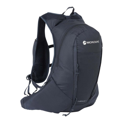 Montane Trailblazer 16 Backpack in Eclipse Blue an angled front view showing the front pockets, straps and printed logo