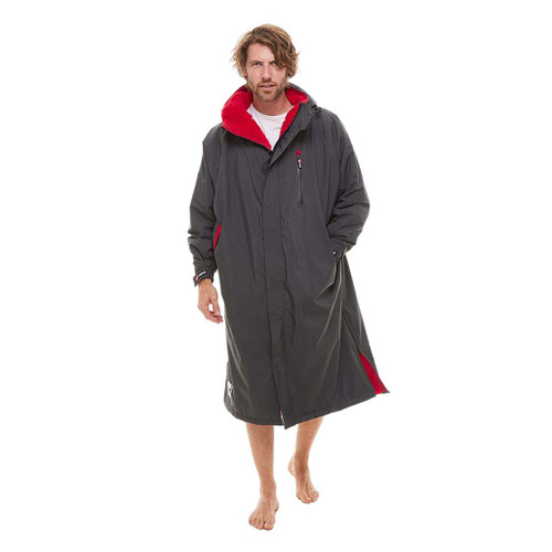 Person standing wearing the Red Paddle Co Pro Change EVO Grey Long Sleeve Outdoor Robe zipped facing forward