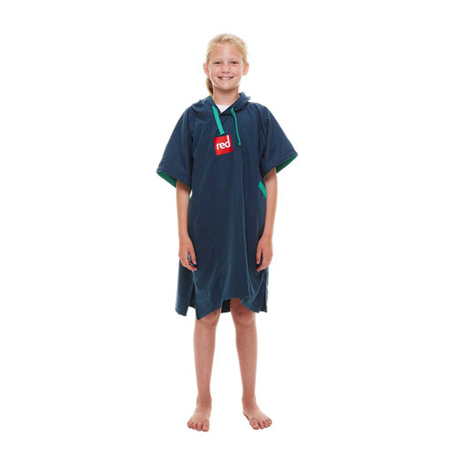 Child wearing the Red Paddle Kids Quick Dry Navy Change Robe facing forwards with hood down
