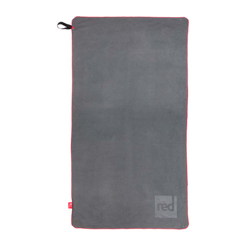 Red Paddle Co Large Micro Fibre Towel in grey laid out flat with Red logo on the bottom right corner with red edging.