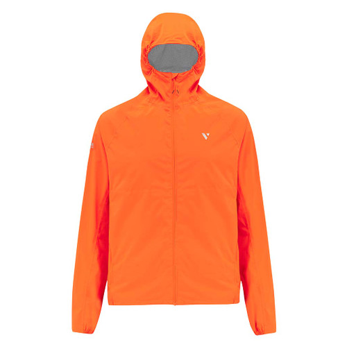 Mac in a Sac Men's Venture Ultralite Neon Orange Running Jacket front view with hood up and zipped up